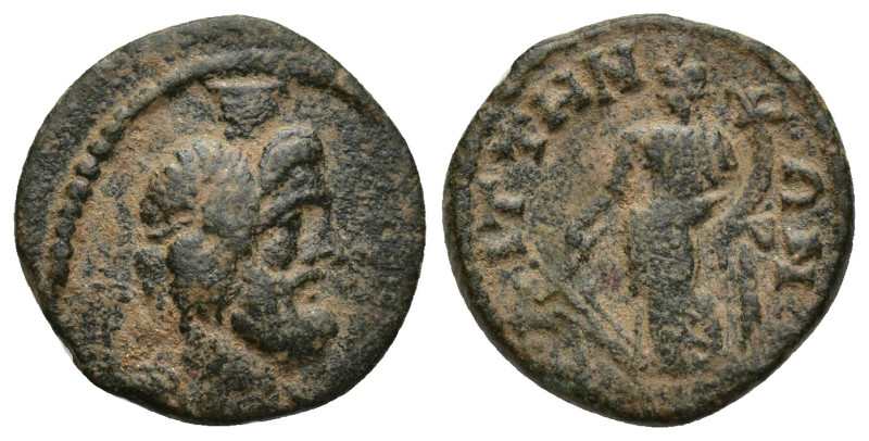Lydia. Saitta. Pseudo-autonomous issue AD 198-268. Bronze Æ (18mm, 3.8 g) Draped...