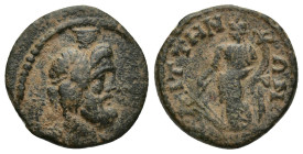 Lydia. Saitta. Pseudo-autonomous issue AD 198-268. Bronze Æ (18mm, 3.8 g) Draped bust of Serapis to right, wearing kalathos / CAITTHNΩN, Tyche standin...