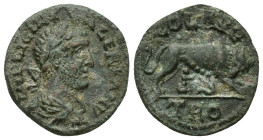 TROAS. Alexandreia. Valerian I (253-260). Ae. (20mm, 4.9 g) Obv: IMP LIC VALERIAN. Laureate, draped and cuirassed bust right. Rev: COL AV / TRO. She-w...