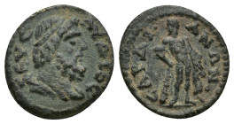 Lydia. Sardeis . Pseudo-autonomous issue AD 198-217. Bronze Æ (15mm, 2 g). ZEVC ΛVΔΙOC, diademed and draped bust of Zeus right / CAPΔIANΩN, Herakles s...