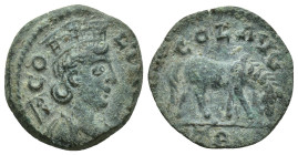 Troas, Alexandria, c. mid 3rd century AD. Æ (20mm, 4.9 g). Turreted and draped bust of Tyche r., with vexillum over shoulder. R/ Horse grazing r.