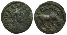 Troas, Alexandria, c. mid 3rd century AD. Æ (20mm, 4.2 g). Turreted and draped bust of Tyche r., with vexillum over shoulder. R/ Horse grazing r.