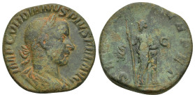 Gordian III. AD 238-244. Æ (27mm, 15.7 g) Sestertius. IMP GORDIANVS PIVS FEL AVG. Laureate and draped bust right. / SECVRIT PERPET / S - C. Securitas ...