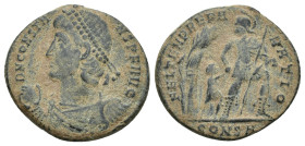 Constantius II, 337-361. Follis (Bronze, 21mm, 4.2 g), Constantinopolis, 348-350. D N CONSTANTIVS P F AVG Draped and cuirassed bust of Constantius to ...
