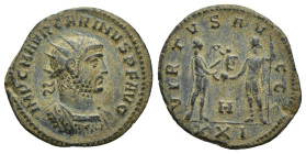 Carinus, 283-285 AD, BI antoninianus (20mm, 3 g), Antioch, 8th officina, radiate and cuirassed bust right, IMP C M AVR CARINVS P F AVG // Carinus stan...