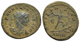 Aurelian Æ Antoninianus. (23mm, 4 g) Rome, AD 270-275. IMP AVRELIANVS AVG, radiate and cuirassed bust right / ORIENS AVG, Sol walking right, holding o...