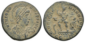 Theodosius I. AD 379-395. Æ (22mm, 5 g). Struck 25 August AD 383-28 August AD 388. D N THEODO SIVS P F AVG, pearl-diademed, helmeted, draped, and cuir...