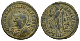 LICINIUS II (Caesar, 317-324). Follis. Heraclea.(19mm, 3.2 g) Obv: D N VAL LICIN LICINIVS NOB C. Helmeted and cuirassed bust left, holding spear over ...