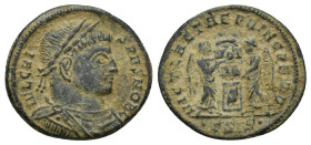 Crispus Æ Nummus. (19mm, 3.1 g) Siscia, AD 319-320. IVL CRISPVS NOB C, laureate, draped and cuirassed bust right / VICT LAETAE PRINC PERP, two Victori...