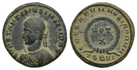 Constantine II, as Caesar, 316-337. Follis (Bronze, 18mm, 3.4 g), struck under Constantine I, Thessalonika, 2nd officina, 324. CONSTANTINVS IVN NOB C ...