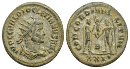 Diocletian Æ Silvered Antoninianus. (21mm, 3.6 g) Siscia, AD 293-295. IMP C C VAL DIOCLETIANVS P AVG, radiate and cuirassed bust right / CONCORDIA MIL...