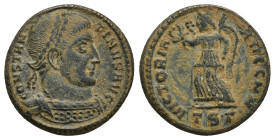 Constantine I Æ Nummus. (18mm, 3 g) Thessalonica, AD 319. CONSTAN-TINVS PF AVG, Laureate and cuirassed bust right / VICTORIA AVGNN, Victory walking le...