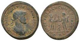 Maximian Æ Antoninianus. (22mm, 4.9 g) Antioch, AD 285-295. IMP C M AVR VAL MAXIMIANVS PF AVG, radiate, cuirassed bust right / IOV ET HERCV CONSER AVG...