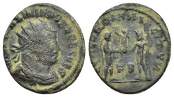 Galerius. As Caesar, A.D. 293-305. AE post-reform radiate fraction (20mm, 2.9 g). Cyzicus mint, struck A.D. 295-299. GAL VAL MAXIMIANVS NOB CAES, radi...