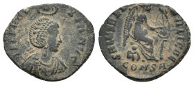 Aelia Eudoxia, wife of Arcadius. Constantinople, circa AD 401-405 Follis, Æ (15mm, 2.3 g) AEL EVDO-XIA AVG, diademed draped bust right being crowned b...