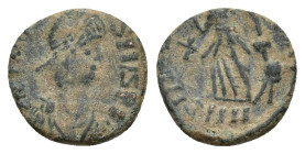 Migration Period, Pseudo-Imperial Æ Nummus. 5th century AD. (10.7mm, 0.9 g) Garbled legend, diademed and draped bust of emperor right / Garbled legend...