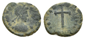 Arcadius? Æ Minimus. (11mm, 0.6 g) Constantinopolis, AD 404-406. D N ARCADIVS AVG, pearl-diademed, draped, and cuirassed bust right / Cross; CONSA.