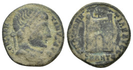 Constantine I. A.D. 307/10-337. Æ Follis (18mm, 3 g). Antioch, A.D. 325-326. CONSTANTINVS AVG, laureate head right / PROVIDENTIAE AVGG, camp gate with...