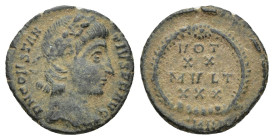 Constantius II (Caesar, 324-337). Æ (15mm, 1.7 g). Antioch. Diademed head r. R/ VOT XX MVLT XXX in wreath; SMAN?
