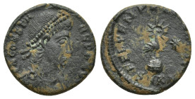 Constantius II AD 337-361. Cyzicus Follis Æ (16mm, 2,8 g). D N CONSTANTIVS P F AVG, pearl diademed, draped and cuirassed bust right / FEL TEMP REPARAT...