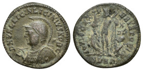 Licinius II. Caesar, A.D. 317-324. Æ 3 (19mm, 3 g). Heraclea mint, A.D. . D N VAL LICIN LICINIVS NOB C, helmeted bust left, holding spear and shield o...