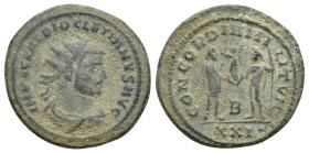 Diocletian BI Antoninianus. (22mm, 4.5 g)Siscia, AD 293-295. IMP C C VAL DIOCLETIANVS P AVG, radiate, draped and cuirassed bust right / CONCORDIA MILI...