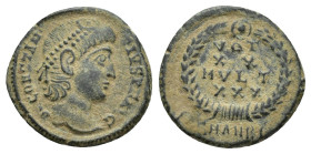 Constantius II. AD 337-361. Æ Follis (15mm, 1.8 g). Antioch mint, 15th officina. Struck AD 347-348. DN CONSTAN-TIVS PF AVG, bust facing right / VOTIS/...
