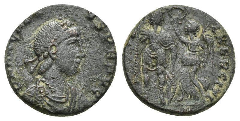 Honorius AD 393-423. Follis Æ (16mm, 2.5 g). DN HONORI-VS PF AVG, pearl-diademed...