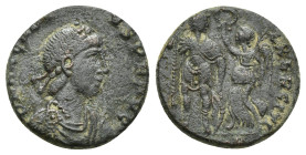 Honorius AD 393-423. Follis Æ (16mm, 2.5 g). DN HONORI-VS PF AVG, pearl-diademed, draped and cuirassed bust right / VIRTVS EXERCITI, emperor standing ...