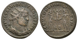 Diocletian, 284-305. Antoninianus (Billon, 20mm, 3 g), Heraclea, 2nd officina (B), 295-296. IMP C C VAL DIOCLETIANVS P F AVG Radiate, draped and cuira...