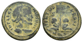 Licinius I. AD 308-324. Æ Follis (18mm, 3.4 g). Aquileia mint, 2nd officina. Struck AD 320. Laureate head right / Two captives seated at base of stand...