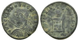 Crispus, as Caesar, Æ Nummus. (18mm, 3.7 g) AD 321. IVL CRISPVS NOB CAES, laureate and cuirassed bust left, spear pointing forward with shield / BEATA...