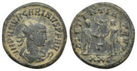 Carinus AD 283-285. Cyzicus, 3rd officina. Antoninianus Æ (20mm, 3.9 g). IMP M AVR CARINVS P F AVG; radiate, draped and cuirassed bust right / CLEMENT...