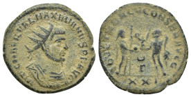 Maximian Æ Antoninianus. (22mm, 3.7 g) Antioch, AD 285-295. IMP C M AVR VAL MAXIMIANVS PF AVG, radiate, cuirassed bust right / IOV ET HERCV CONSER AVG...