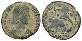 Constantius II, 337-361. Follis (Bronze, 22mm, 3.1 g), Constantinople, 348-351. D N CONSTANTIVS P F AVG Pearl-diademed, draped and cuirassed bust of C...