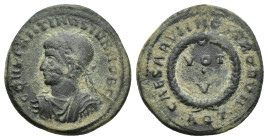Constantius II AD 337-361. Aquileia Follis Æ (19mm, 2,9 g). CONSTANTINVS IVN NOB C, laureate draped and cuirassed bust left / CAESARVM NOSTORVM, VOT V...