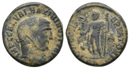 Maximinus II Æ Nummus. (20mm, 5 g) AD 311. IMP C GAL VAL MAXIMINVS P F AVG, laureate head right / IOVI CONSERVATORI, Jupiter standing left, holding Vi...