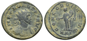 Probus AD 276-282. Siscia Antoninianus Billon (22 mm, 3,6 g). IMP PROBVS P F AVG, radiate and cuirassed bust right / CONCORDIA AVG, Concordia standing...