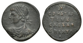 Constantius II, as Caesar, Æ Nummus. (17m, 1.6 g) Antioch, AD 324-325. Laureate, draped and cuirassed bust left / CONSTANTIVS CAESAR in three lines, s...
