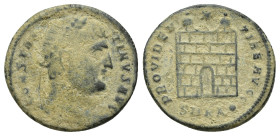 Constantine I Æ Follis. (19mm, 3.3 g) Kyzikos, AD 324-325. Laureate head right / camp gate with two turrets, six layers, no doors, star above, SMKA in...