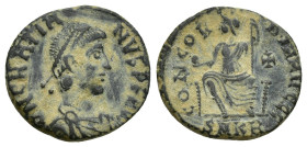 Gratian Æ Nummus. (16mm, 2.6 g) Cyzicus, AD 378-383. D N GRATIANVS P F AVG, pearl diademed, draped, cuirassed bust right / CONCORDIA AVGGG, Roma, helm...