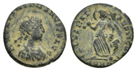 Valentinian II (375-392). Æ (12mm, 1.1 g). Heraclea, 383-92. Pearl-diademed, draped and cuirassed bust r. R/ Victory advancing l., holding trophy and ...