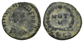 Arcadius (383-408). Æ (13mm, 1.6 g). Cyzicus, 378-383. Pearl-diademed, draped and cuirassed bust r. R/ VOT V within wreath; SMK?.