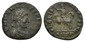 Honorius. AD 393-423. Æ (14mm, 2 g). Antioch mint, 3rd officina. Struck AD 392-395. Pearl-diademed, draped, and cuirassed bust right / Emperor on hors...