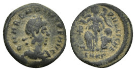 Arcadius, 383-408. Nummus (Bronze, 13mm, 1.4 g), Cyzicus, 388-392. D N ARCADIVS P F AVG Pearl-diademed, draped and cuirassed bust of Arcadius to right...