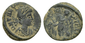 Theodosius I (379-395). Æ (12mm, 1.2 g), 388-392. Diademed, draped and cuirassed bust r. R/ Victory advancing l., head r., dragging captive seated r.;...
