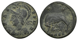 Commemorative Series (330-354 AD). Constantinople AE Follis (17mm, 2.4 g) Obv: VRBS ROMA Helmeted and mantled bust of Roma to left. Rev. CONSE• She-wo...