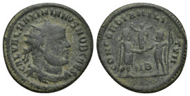 Galerius AE Radiate. (21mm, 3 g) Heraclea, AD 295-61. GAL VAL MAXIMIANVS NOB CAES, radiate, draped and cuirassed / CONCORDIA MILITVM, Jupiter presents...