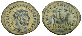 MAXIMIANUS HERCULIUS (286-305). Radiatus. (22mm, 2.6 g) Cyzicus. Obv: IMP C M A MAXIMIANVS PF AVG. Radiate, draped and cuirassed bust right. Rev: CONC...