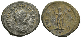 Claudius II BI Antoninianus. (22mm, 4 g) Antioch, AD 268 - 270. IMP C CLAVDIVS AVG, Radiate head right / SOL AVG, Sol with lash and upraised arm stand...